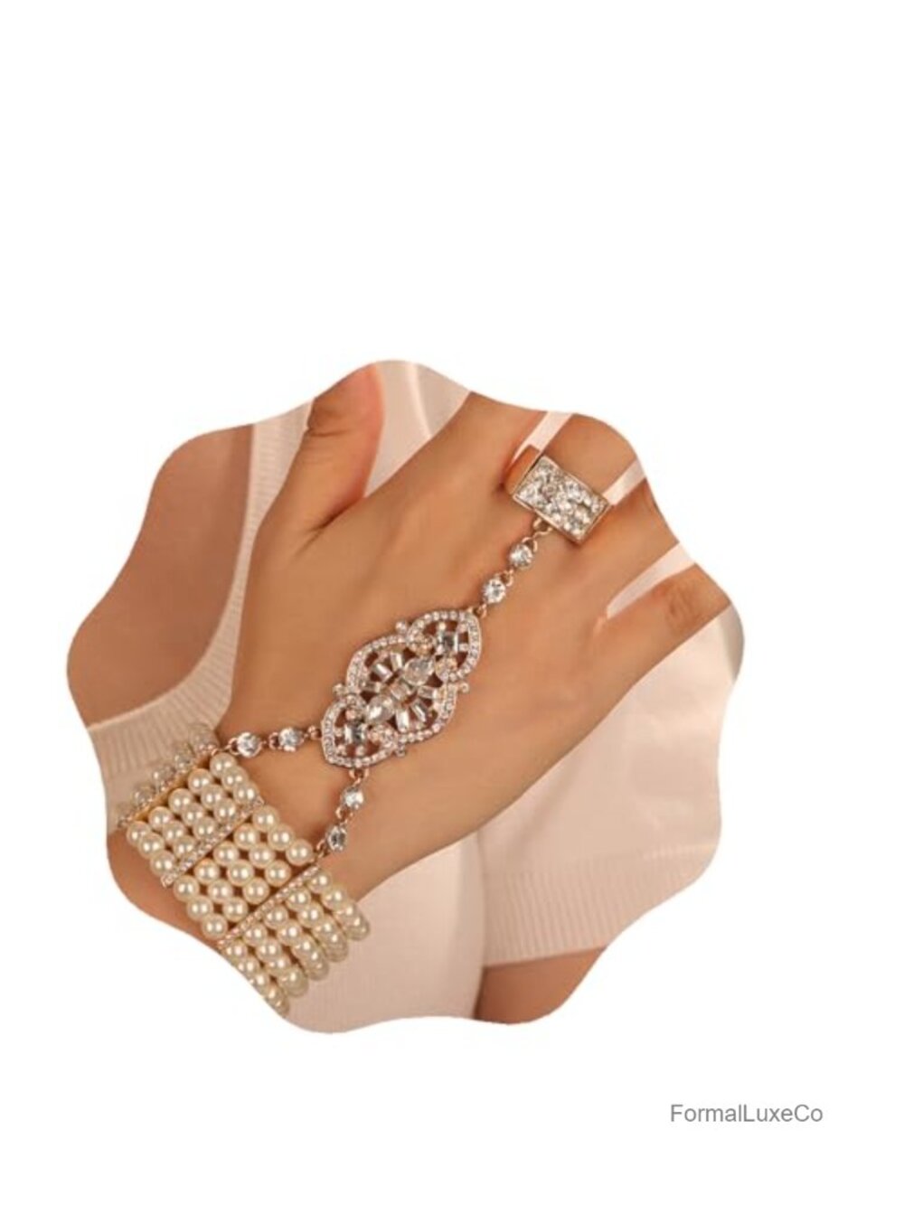 1920s Flapper Faux Pearl Stretch Link Gold Rhinestone Ring Bracelet Bridal